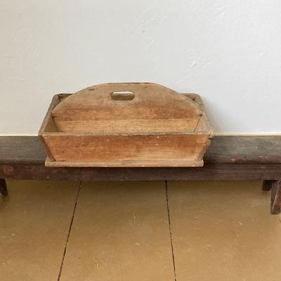 LOT 244: Primitive Collection - Large Wooden Scoop, Divided Box with Handle, Long Shelf and Pottery Jug