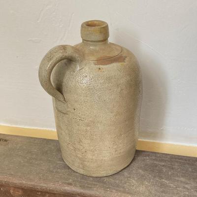LOT 244: Primitive Collection - Large Wooden Scoop, Divided Box with Handle, Long Shelf and Pottery Jug