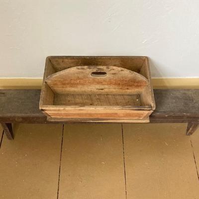 LOT 244: Primitive Collection - Large Wooden Scoop, Divided Box with Handle, Long Shelf and Pottery Jug