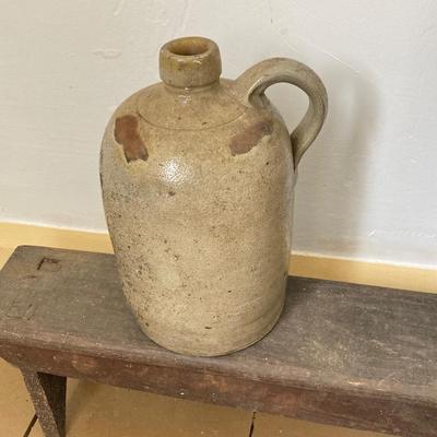 LOT 244: Primitive Collection - Large Wooden Scoop, Divided Box with Handle, Long Shelf and Pottery Jug