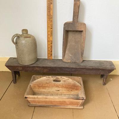 LOT 244: Primitive Collection - Large Wooden Scoop, Divided Box with Handle, Long Shelf and Pottery Jug