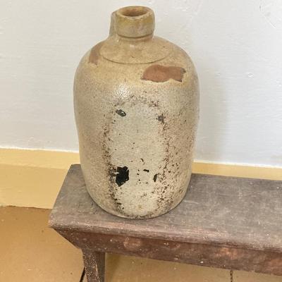 LOT 244: Primitive Collection - Large Wooden Scoop, Divided Box with Handle, Long Shelf and Pottery Jug