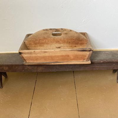 LOT 244: Primitive Collection - Large Wooden Scoop, Divided Box with Handle, Long Shelf and Pottery Jug