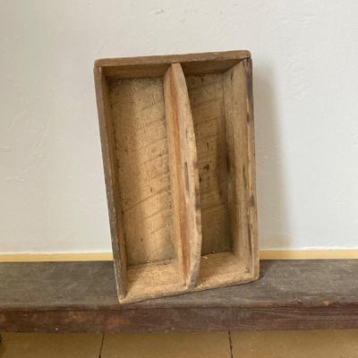 LOT 244: Primitive Collection - Large Wooden Scoop, Divided Box with Handle, Long Shelf and Pottery Jug