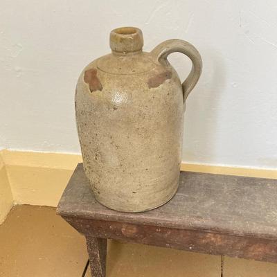 LOT 244: Primitive Collection - Large Wooden Scoop, Divided Box with Handle, Long Shelf and Pottery Jug