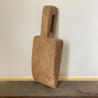 LOT 244: Primitive Collection - Large Wooden Scoop, Divided Box with Handle, Long Shelf and Pottery Jug