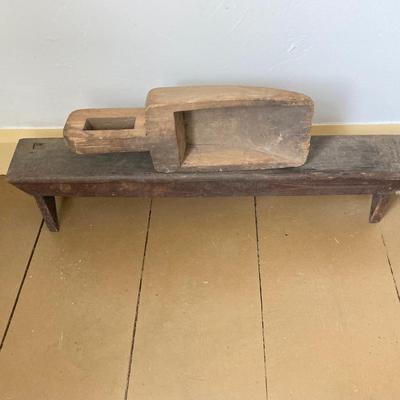 LOT 244: Primitive Collection - Large Wooden Scoop, Divided Box with Handle, Long Shelf and Pottery Jug