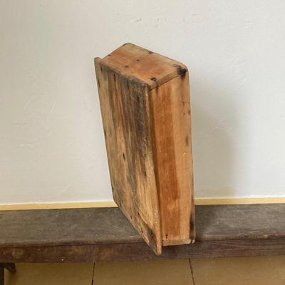 LOT 244: Primitive Collection - Large Wooden Scoop, Divided Box with Handle, Long Shelf and Pottery Jug