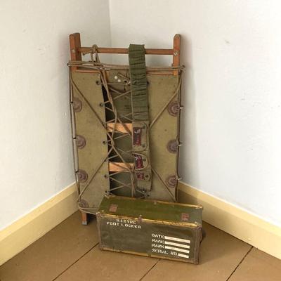 LOT 245: Vintage Military Collection - Pack Board Ladder, G.I. Type Small Foot Locker and Canvas Belt