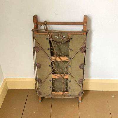 LOT 245: Vintage Military Collection - Pack Board Ladder, G.I. Type Small Foot Locker and Canvas Belt