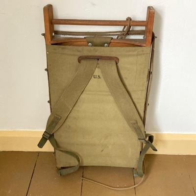LOT 245: Vintage Military Collection - Pack Board Ladder, G.I. Type Small Foot Locker and Canvas Belt