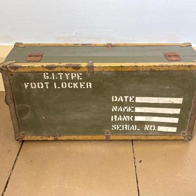 LOT 245: Vintage Military Collection - Pack Board Ladder, G.I. Type Small Foot Locker and Canvas Belt