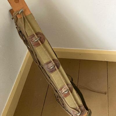 LOT 245: Vintage Military Collection - Pack Board Ladder, G.I. Type Small Foot Locker and Canvas Belt