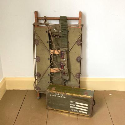 LOT 245: Vintage Military Collection - Pack Board Ladder, G.I. Type Small Foot Locker and Canvas Belt