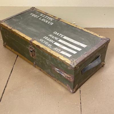 LOT 245: Vintage Military Collection - Pack Board Ladder, G.I. Type Small Foot Locker and Canvas Belt