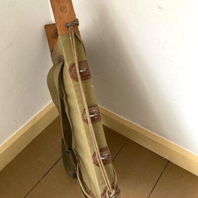 LOT 245: Vintage Military Collection - Pack Board Ladder, G.I. Type Small Foot Locker and Canvas Belt