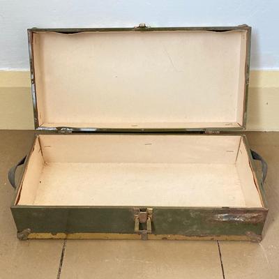 LOT 245: Vintage Military Collection - Pack Board Ladder, G.I. Type Small Foot Locker and Canvas Belt