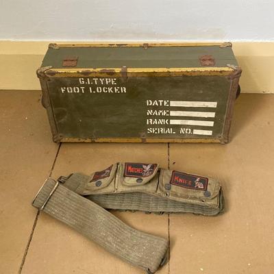 LOT 245: Vintage Military Collection - Pack Board Ladder, G.I. Type Small Foot Locker and Canvas Belt