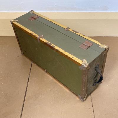 LOT 245: Vintage Military Collection - Pack Board Ladder, G.I. Type Small Foot Locker and Canvas Belt