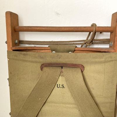 LOT 245: Vintage Military Collection - Pack Board Ladder, G.I. Type Small Foot Locker and Canvas Belt
