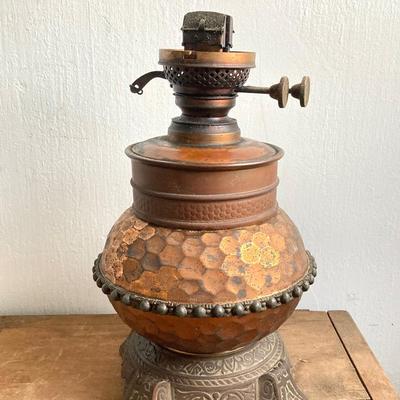 LOT 257: Antique Copper Base / Glass Shade Duplex Lantern and Collection of Miniatures with Wall Display