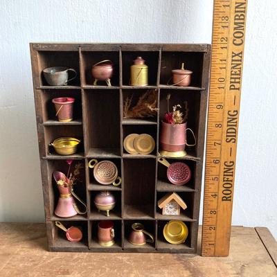 LOT 257: Antique Copper Base / Glass Shade Duplex Lantern and Collection of Miniatures with Wall Display