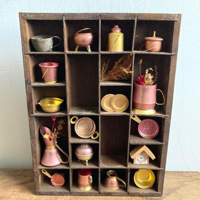 LOT 257: Antique Copper Base / Glass Shade Duplex Lantern and Collection of Miniatures with Wall Display