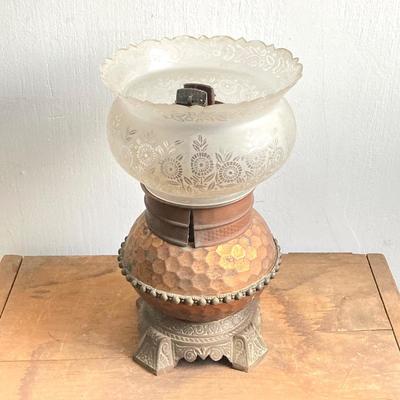 LOT 257: Antique Copper Base / Glass Shade Duplex Lantern and Collection of Miniatures with Wall Display