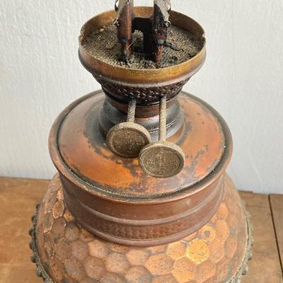 LOT 257: Antique Copper Base / Glass Shade Duplex Lantern and Collection of Miniatures with Wall Display