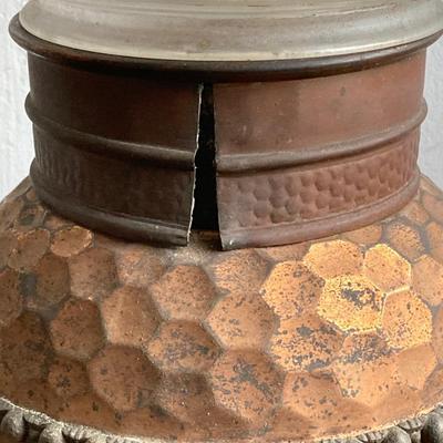 LOT 257: Antique Copper Base / Glass Shade Duplex Lantern and Collection of Miniatures with Wall Display