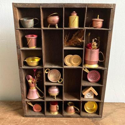 LOT 257: Antique Copper Base / Glass Shade Duplex Lantern and Collection of Miniatures with Wall Display