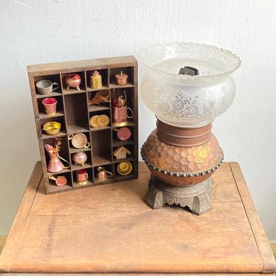 LOT 257: Antique Copper Base / Glass Shade Duplex Lantern and Collection of Miniatures with Wall Display