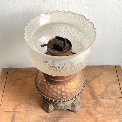 LOT 257: Antique Copper Base / Glass Shade Duplex Lantern and Collection of Miniatures with Wall Display