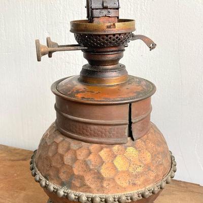 LOT 257: Antique Copper Base / Glass Shade Duplex Lantern and Collection of Miniatures with Wall Display
