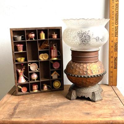 LOT 257: Antique Copper Base / Glass Shade Duplex Lantern and Collection of Miniatures with Wall Display