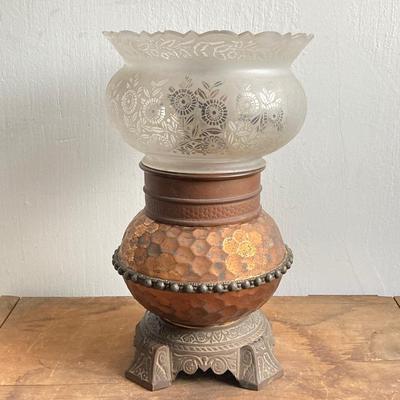 LOT 257: Antique Copper Base / Glass Shade Duplex Lantern and Collection of Miniatures with Wall Display