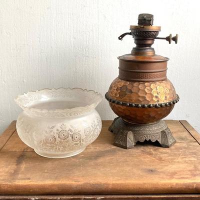 LOT 257: Antique Copper Base / Glass Shade Duplex Lantern and Collection of Miniatures with Wall Display