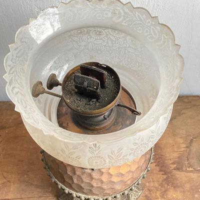 LOT 257: Antique Copper Base / Glass Shade Duplex Lantern and Collection of Miniatures with Wall Display