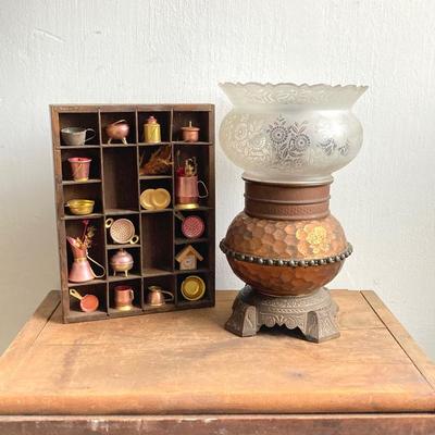 LOT 257: Antique Copper Base / Glass Shade Duplex Lantern and Collection of Miniatures with Wall Display