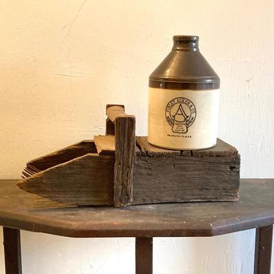 LOT 258: Vintage Primitive Wood Metal Cranberry Rake / Scoop and Finley Acker & Co Jug