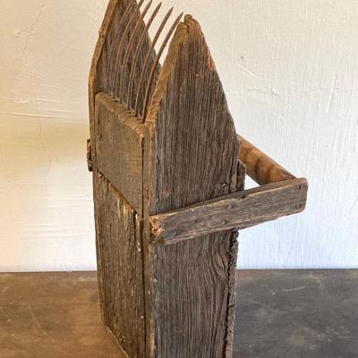 LOT 258: Vintage Primitive Wood Metal Cranberry Rake / Scoop and Finley Acker & Co Jug