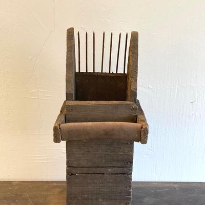 LOT 258: Vintage Primitive Wood Metal Cranberry Rake / Scoop and Finley Acker & Co Jug