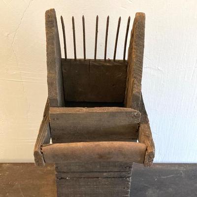 LOT 258: Vintage Primitive Wood Metal Cranberry Rake / Scoop and Finley Acker & Co Jug