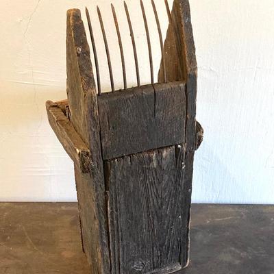 LOT 258: Vintage Primitive Wood Metal Cranberry Rake / Scoop and Finley Acker & Co Jug