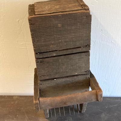 LOT 258: Vintage Primitive Wood Metal Cranberry Rake / Scoop and Finley Acker & Co Jug