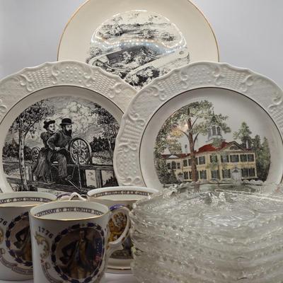 LOT 271: Vintage N.J. Historic Locations Plates, 6 Inch Square Crystal Plates, Bi-Centenary of The United States Cups, & Silver...