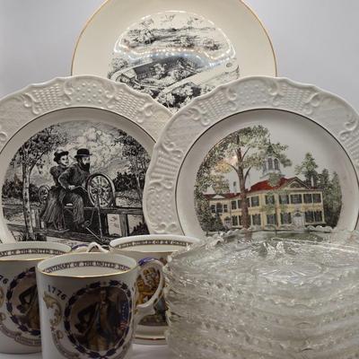 LOT 271: Vintage N.J. Historic Locations Plates, 6 Inch Square Crystal Plates, Bi-Centenary of The United States Cups, & Silver...