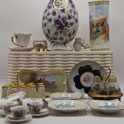 LOT 274: Formalities by Baum Bros. Egg, Falcon Ware Vase Numbered & Made in England, Miniature Cups and Sauces, Salt & Pepper...