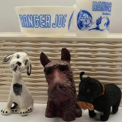 LOT 275: 1950s Ranger Joe Bowl and Mug, Dalmatian Dog Figure, Vintage Cast Iron Scottie Dog Coin Bank, Mohair with Straw Stuffing...