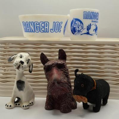 LOT 275: 1950s Ranger Joe Bowl and Mug, Dalmatian Dog Figure, Vintage Cast Iron Scottie Dog Coin Bank, Mohair with Straw Stuffing...